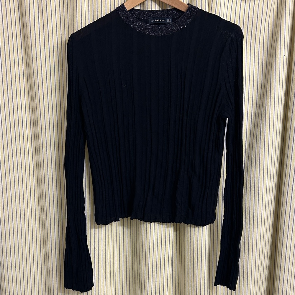 Zara Blue Ribbed Long Sleeve Top with Sparkle Neckline